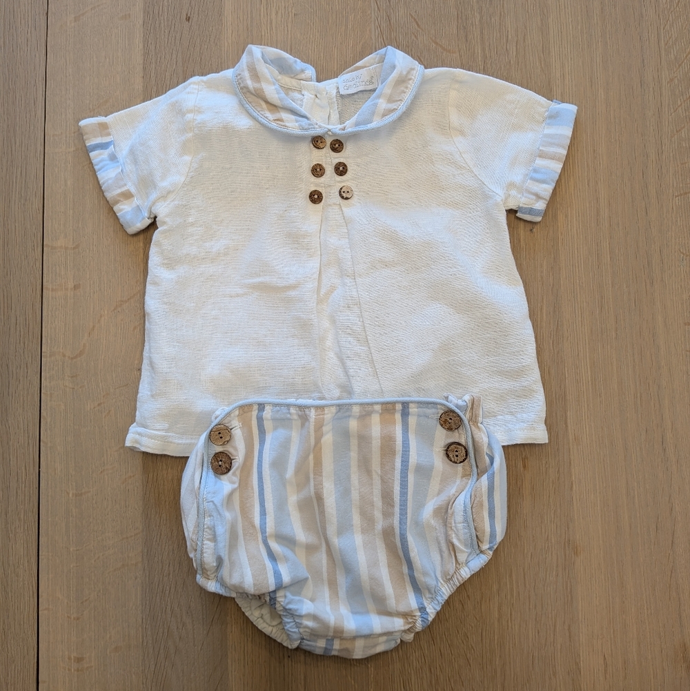 Charming White and Tan Striped Romper Set